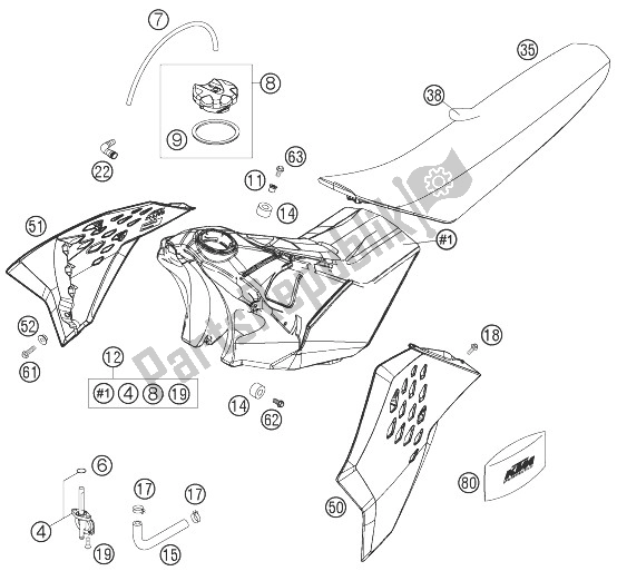Tutte le parti per il Serbatoio, Sedile, Coperchio del KTM 250 SX F Europe 2007