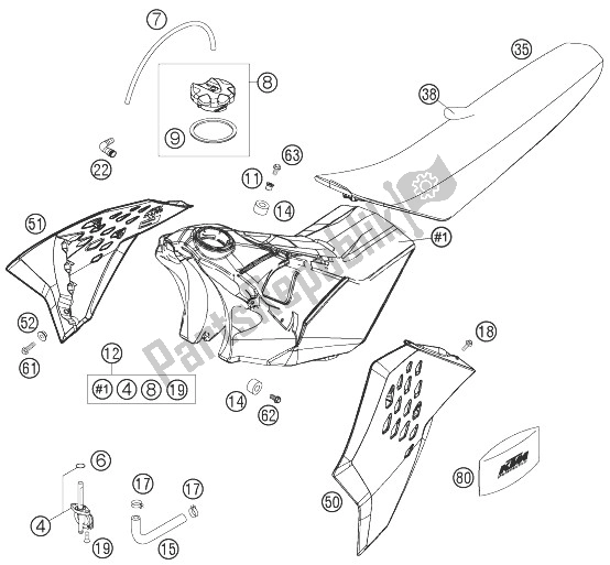Todas as partes de Tanque, Assento, Tampa do KTM 505 SX F Preseries Europe 2007