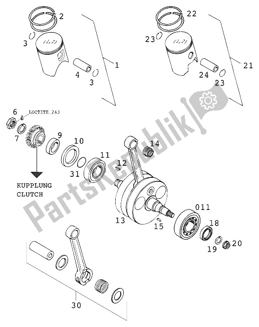 Tutte le parti per il Albero Motore, Pistone 250/300/380 del KTM 250 EXC SIX Days Europe 2001