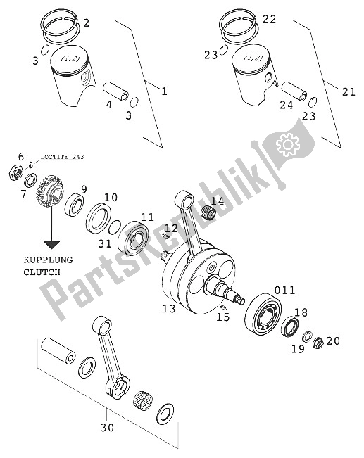 All parts for the Crankshaft, Piston 250/300/380 of the KTM 250 SX Europe 2000