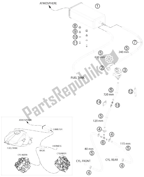 Tutte le parti per il Contenitore Per Evaporazione del KTM 1190 RC8 R White USA 2011