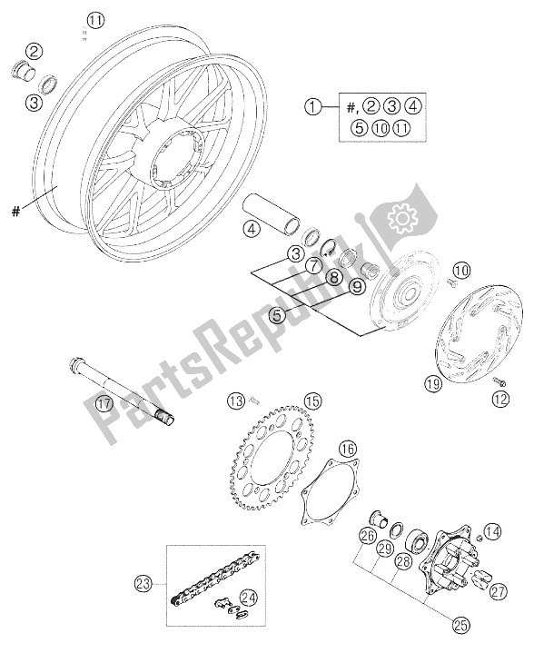 All parts for the Rear Wheel Bbs 640 Duke 2002 of the KTM 640 Duke II Orange United Kingdom 2002