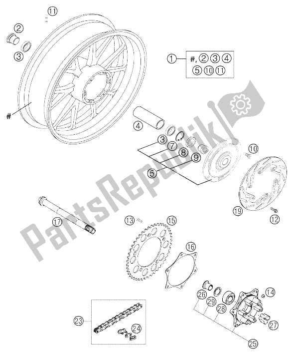 Tutte le parti per il Ruota Posteriore Bbs 640 Duke 2002 del KTM 640 Duke II Orange USA 2002