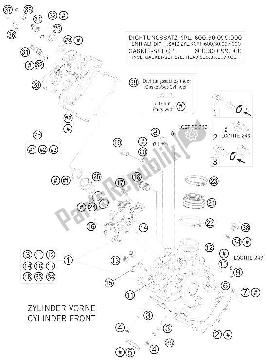 All parts for the Cylinder Head Front of the KTM 990 Adventure Orange ABS 09 Australia United Kingdom 2009