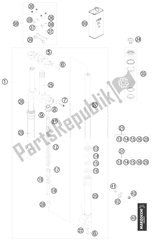 All parts for the Front Fork, Triple Clamp of the KTM 50 Mini Adventure Europe 2008