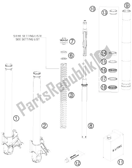 All parts for the Front Fork Disassembled of the KTM 990 Supermoto Black Australia United Kingdom 2008