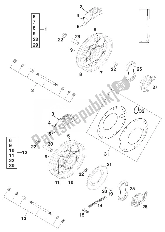 All parts for the Front Wheel - Rear Wheel 50 Sxr of the KTM 50 SX PRO Senior Europe 1998