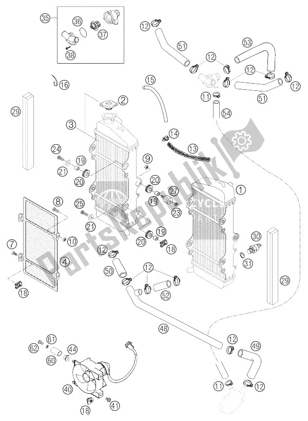 All parts for the Cooling System 660 Rallye of the KTM 660 Rallye Factory Repl Europe 2004