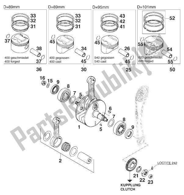 Todas as partes de Virabrequim - Pistão 400/540/620 do KTM 400 SX 98 USA 1998