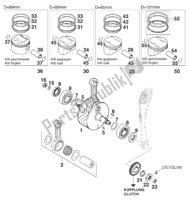 All parts for the Crankshaft - Piston 400/540/620 of the KTM 400 SX C Europe 1998