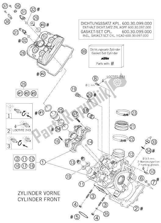 Alle onderdelen voor de Cilinderkop Voor van de KTM 990 Adventure Black ABS 07 USA 2007