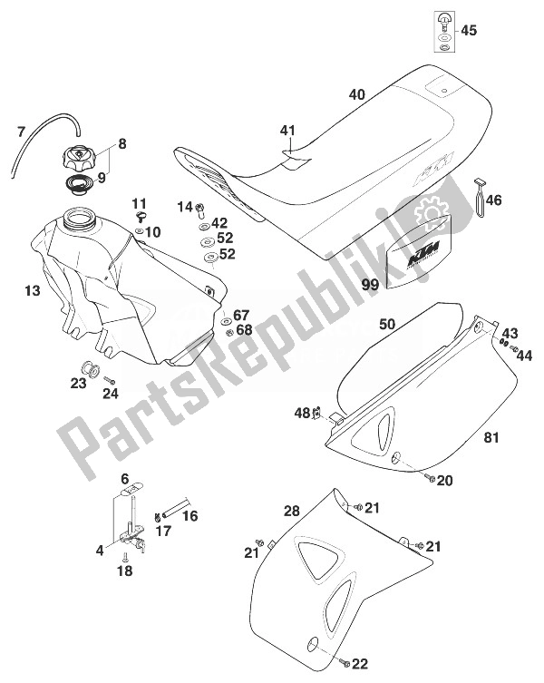 Todas las partes para Tanque - Asiento - Cubierta Sxc, Sx de KTM 540 SXC 20 KW Europe 1999