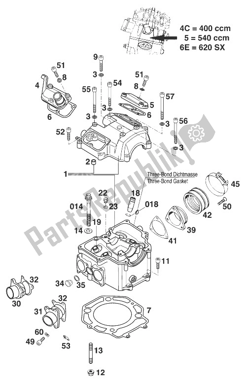 All parts for the Cylinder Head 400-540-620 Lc4 ' of the KTM 400 SX C 20 KW Europe 1998