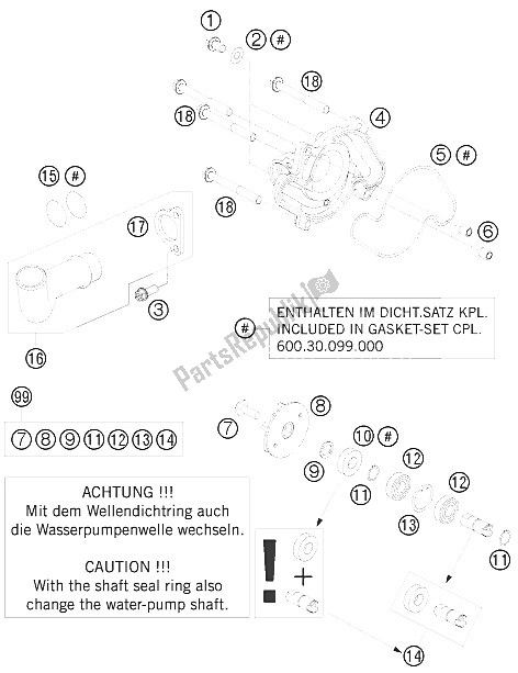 All parts for the Water Pump of the KTM 990 Supermoto Orange France 2008