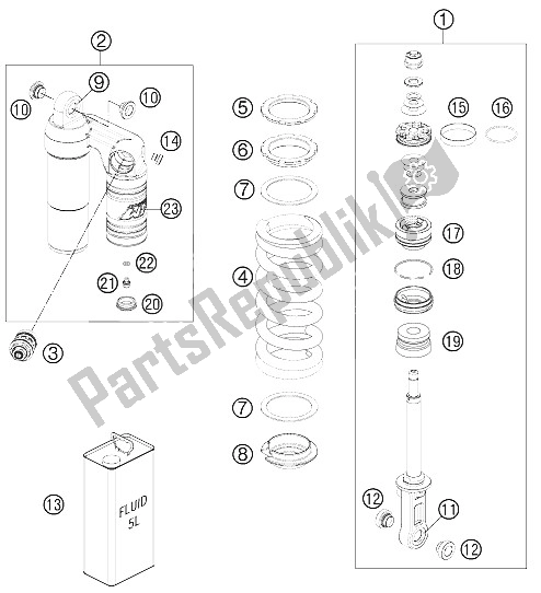 All parts for the Monoshock Disassembled of the KTM 990 SM T Orange ABS Spec Edit Brazil 2011