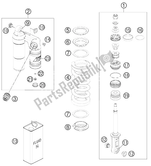 All parts for the Monoshock Disassembled of the KTM 990 Superm T Orange ABS Europe 2011