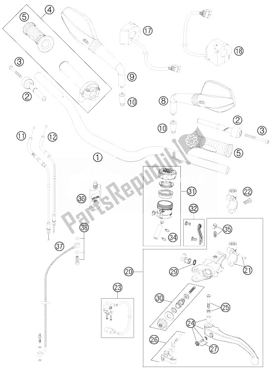 All parts for the Handlebar, Controls of the KTM 990 Super Duke R France 2013