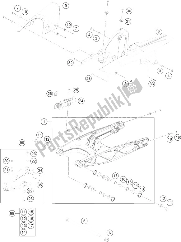 All parts for the Swing Arm of the KTM RC 390 White ABS CKD 16 Colombia 2015
