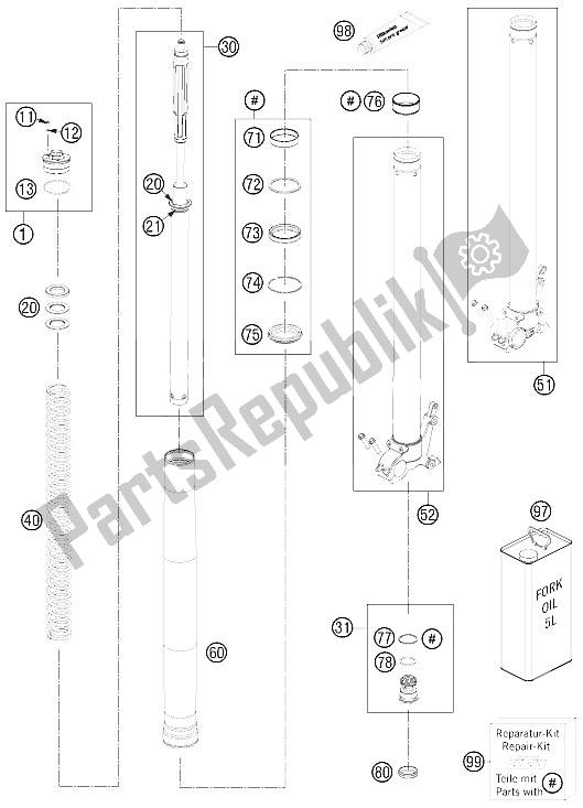 All parts for the Front Fork Disassembled of the KTM 990 Adventure Blue ABS 12 Europe 2012