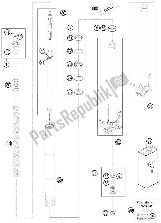 All parts for the Front Fork Disassembled of the KTM 990 Adventure Blue ABS 12 USA 2012