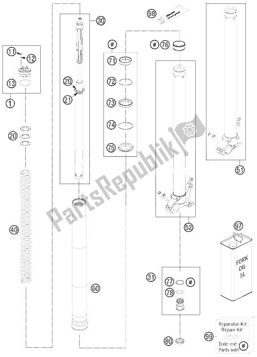 All parts for the Front Fork Disassebled of the KTM 990 Adventure R Europe 2011