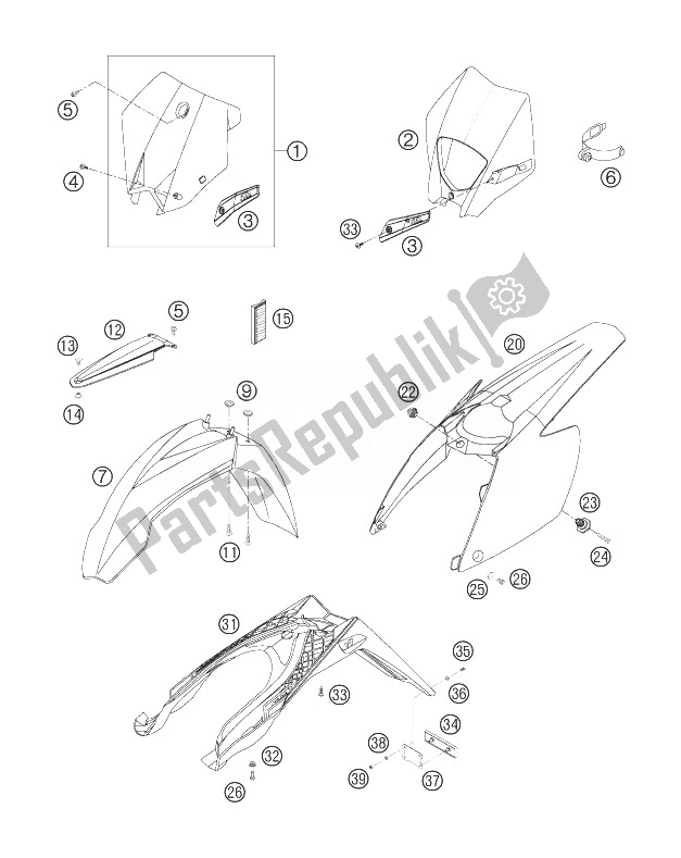 All parts for the Mask, Fenders of the KTM 250 EXC Australia 2007