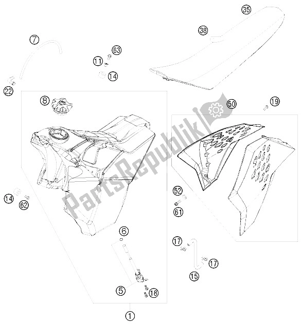Tutte le parti per il Serbatoio, Sedile, Coperchio del KTM 200 EXC Australia 2009