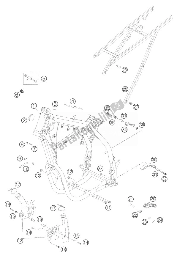 Alle onderdelen voor de Frame, Subframe van de KTM 250 EXC Racing United Kingdom 2004