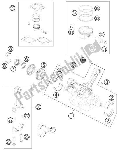 All parts for the Crankshaft, Piston of the KTM 990 Super Duke Olive ME Australia United Kingdom 2010