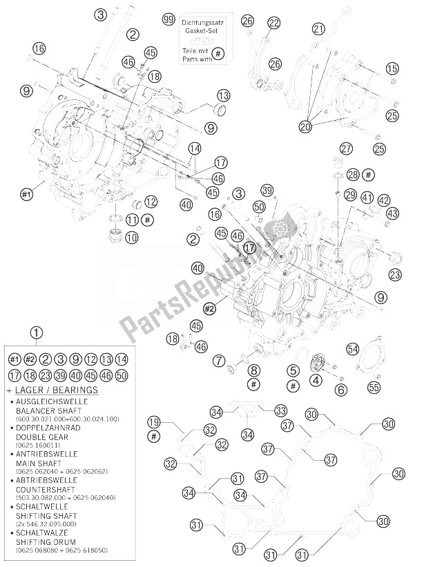 All parts for the Engine Case of the KTM 990 Adventure White ABS 10 USA 2010