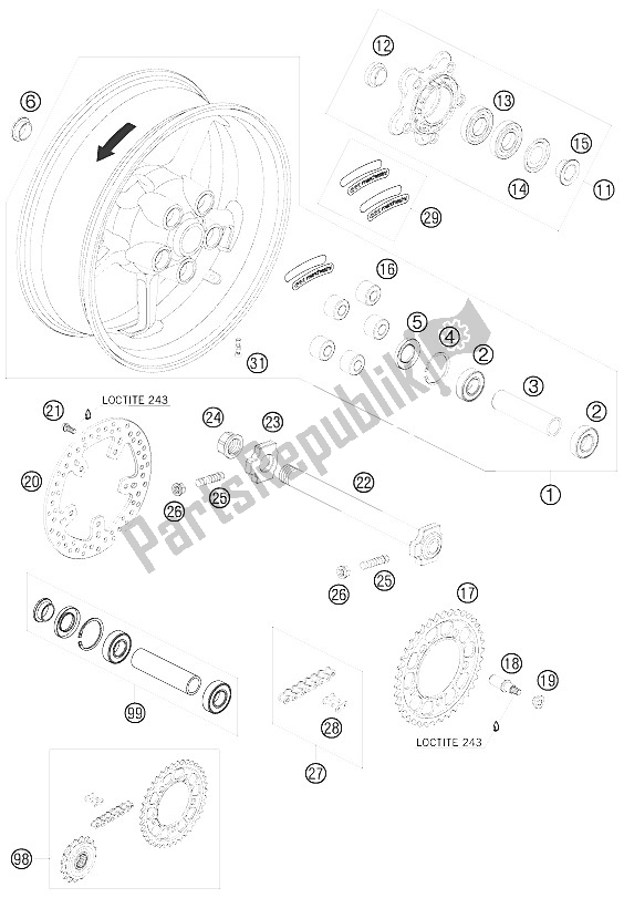 Todas as partes de Roda Traseira do KTM 990 Super Duke Black Europe 2009