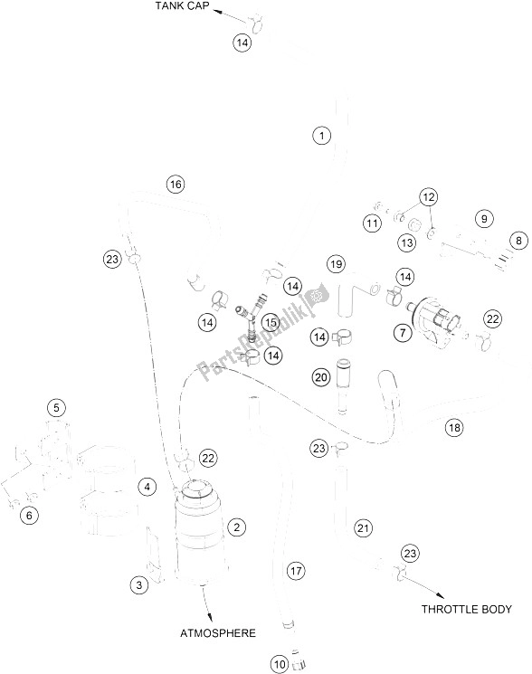 Tutte le parti per il Contenitore Per Evaporazione del KTM 390 Duke White ABS CKD Brazil 2015