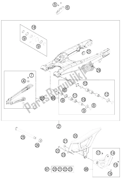 All parts for the Swing Arm of the KTM 350 EXC F Australia 2012