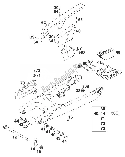 All parts for the Schwingarm 400-620 Lc4 '98 of the KTM 400 SUP Comp EXC USA 1998