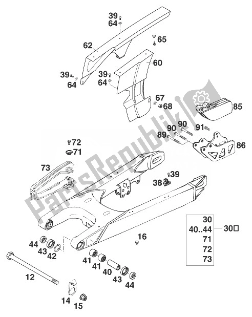 Todas as partes de Schwingarm 400-620 Lc4 '98 do KTM 400 SX 98 USA 1998