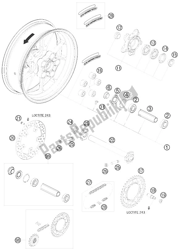 All parts for the Rear Wheel of the KTM 990 Supermoto Orange Australia United Kingdom 2009