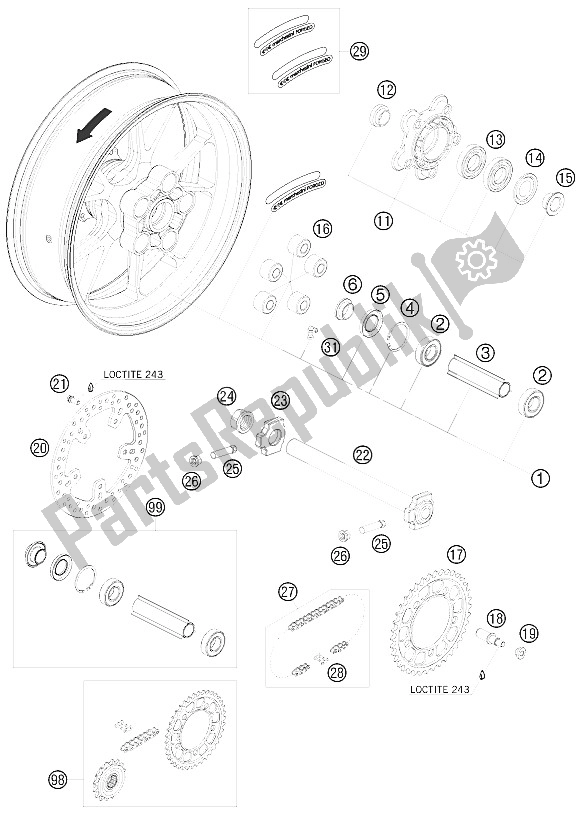 All parts for the Rear Wheel of the KTM 990 Supermoto R France 2009