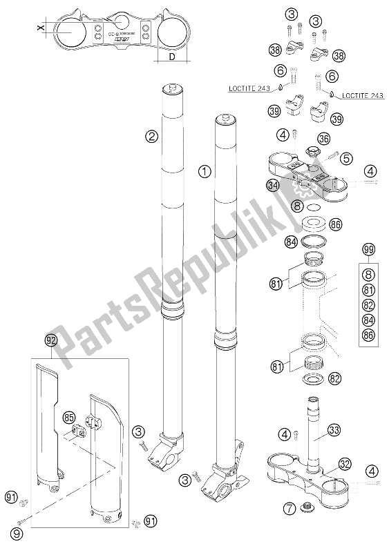 Alle onderdelen voor de Voorvork Wp van de KTM 250 SX F Europe 2006