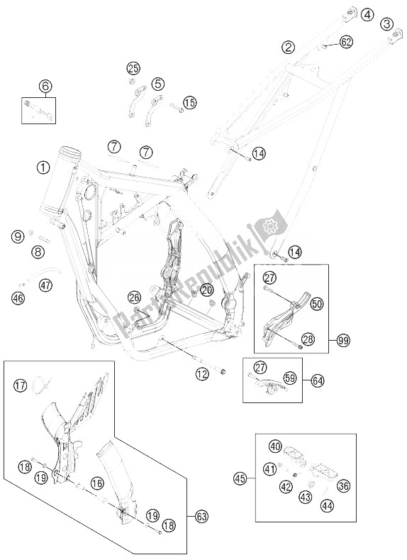 All parts for the Frame of the KTM 300 EXC Australia 2010