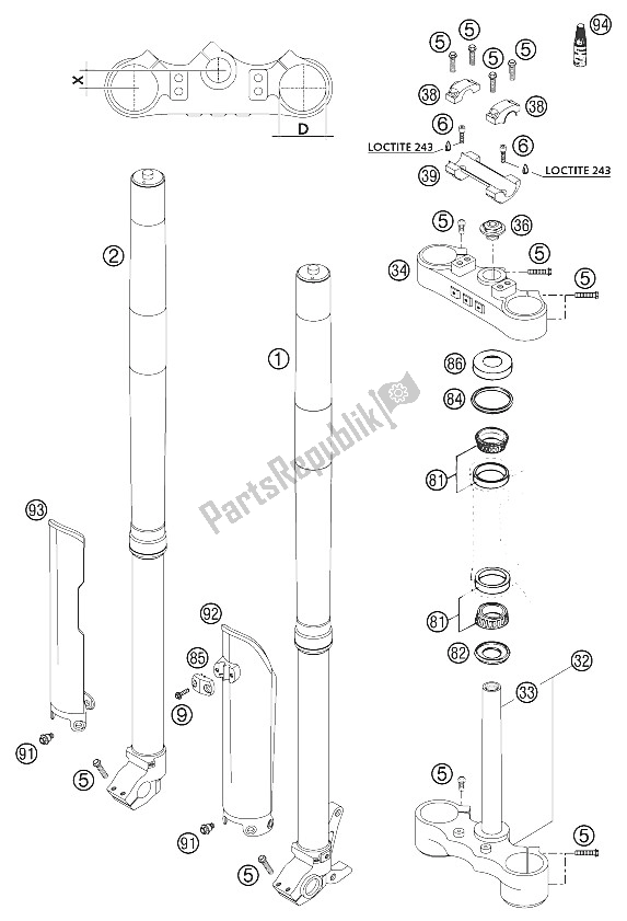 All parts for the Fork Usd 43/48 Wp 250-380 2002 of the KTM 250 SX Europe 2002