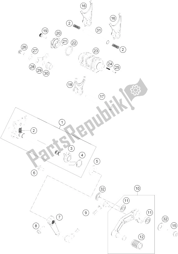 All parts for the Shifting Mechanism of the KTM 390 Duke White ABS B D 15 Europe 2015