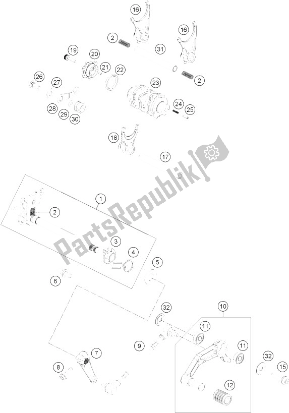 All parts for the Shifting Mechanism of the KTM 390 Duke White ABS CKD Malaysia 2015