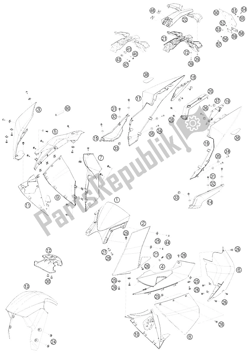 All parts for the Mask, Fenders of the KTM 1190 RC 8 R TNT Edit Europe 2009