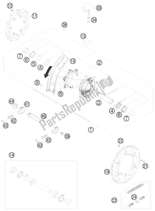 All parts for the Rear Wheel of the KTM 250 SX Europe 2009