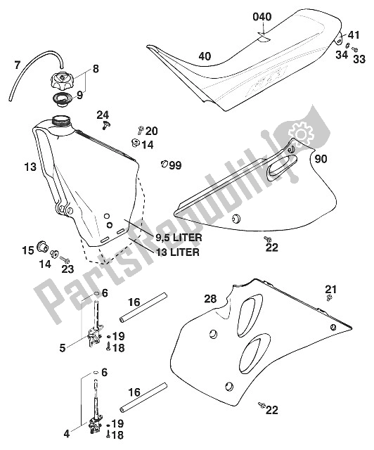 Tutte le parti per il Serbatoio - Sedile - Coperchio '97 del KTM 250 EXC M O 13 LT USA 1997