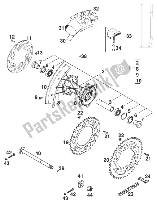 Toutes les pièces pour le Roue Arrière 125-380 '98 du KTM 380 EGS 8 KW Europe 1998