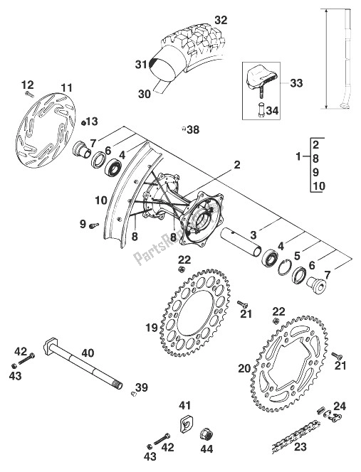 All parts for the Rear Wheel 125-380 '98 of the KTM 380 EXC Europe 1998