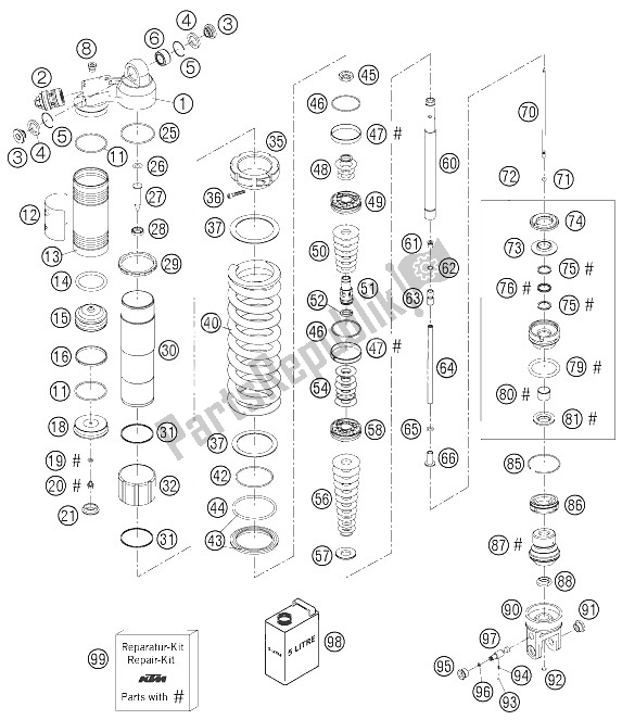 All parts for the Shock Absorber Disassembled of the KTM 400 EXC Racing Europe 2006