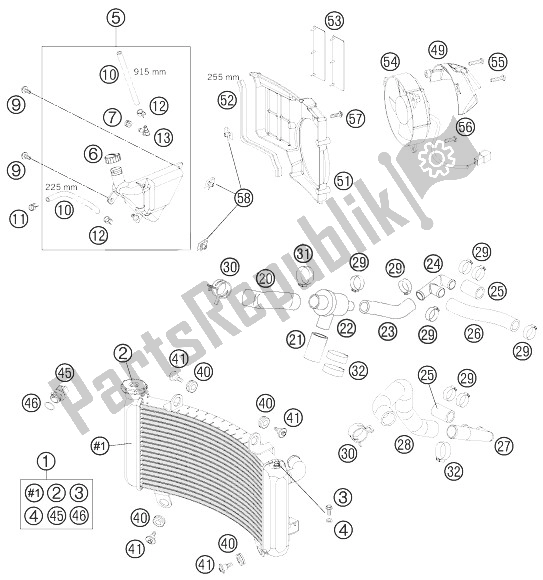 Tutte le parti per il Sistema Di Raffreddamento del KTM 990 Super Duke Olive ME Europe 2010