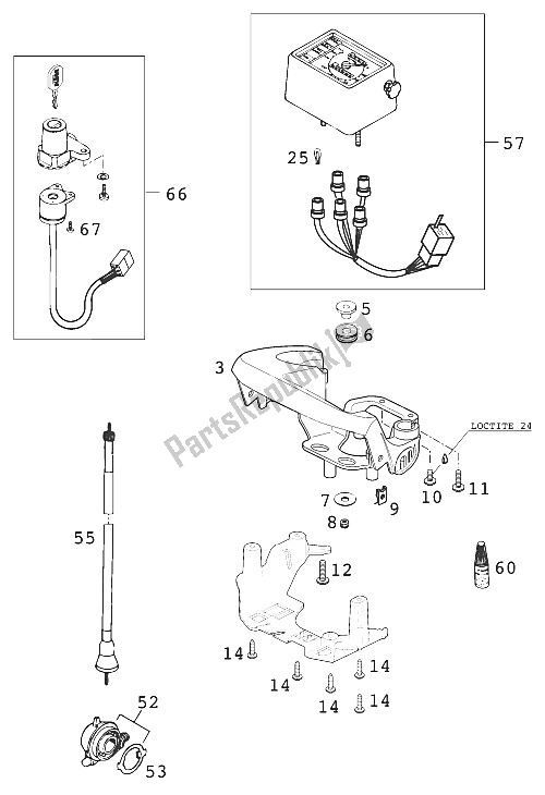 All parts for the Speedometer - Supportbracket - Ingnition Lock of the KTM 640 LC 4 Silber USA 2000